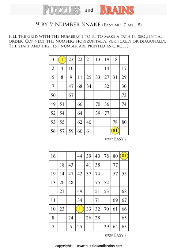 printable easier 9 by 9 hidato number snake puzzles for