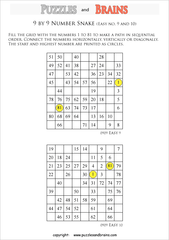 printable easier 9 by 9 Hidato Number Snake puzzles for young and old