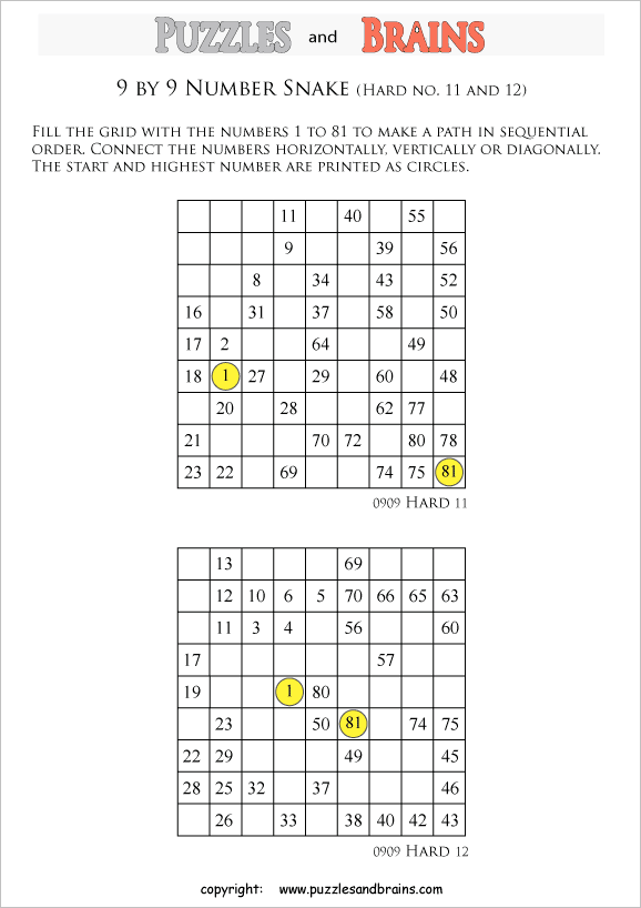 printable difficult 9 by 9 Hidato Number Snake puzzles for young and old