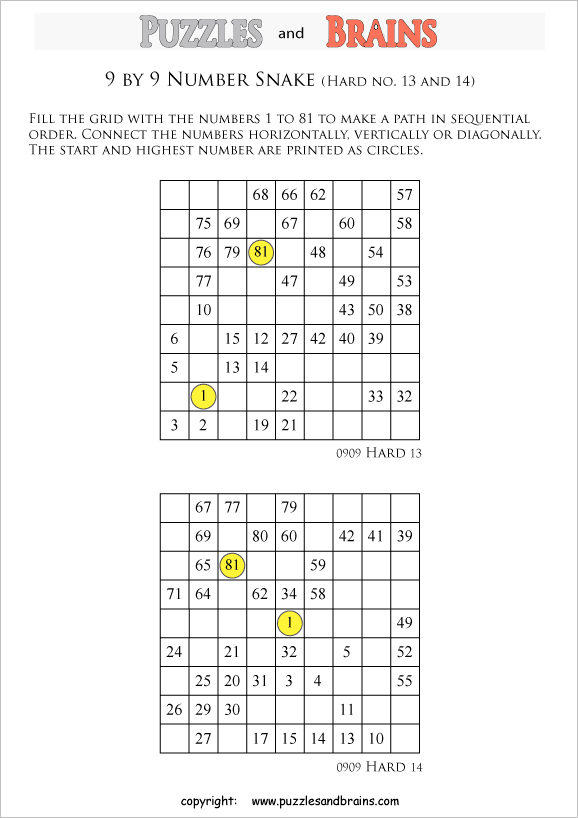 printable hard level 9 by 9 grid hidato number snake logic puzzles for kids beginners and profs