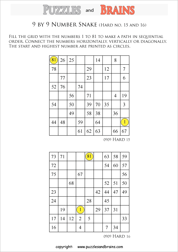 printable hard level 9 by 9 grid hidato number snake logic