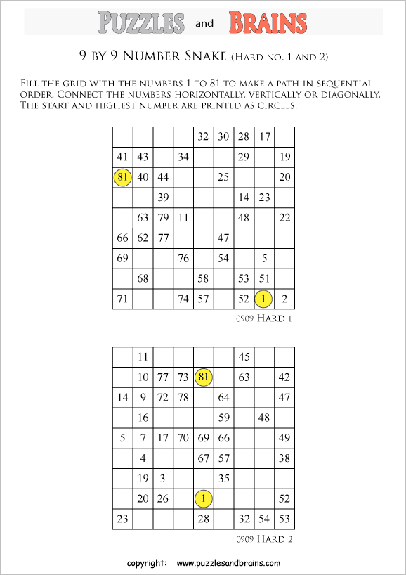 printable hard level 9 by 9 grid hidato number snake logic puzzles for