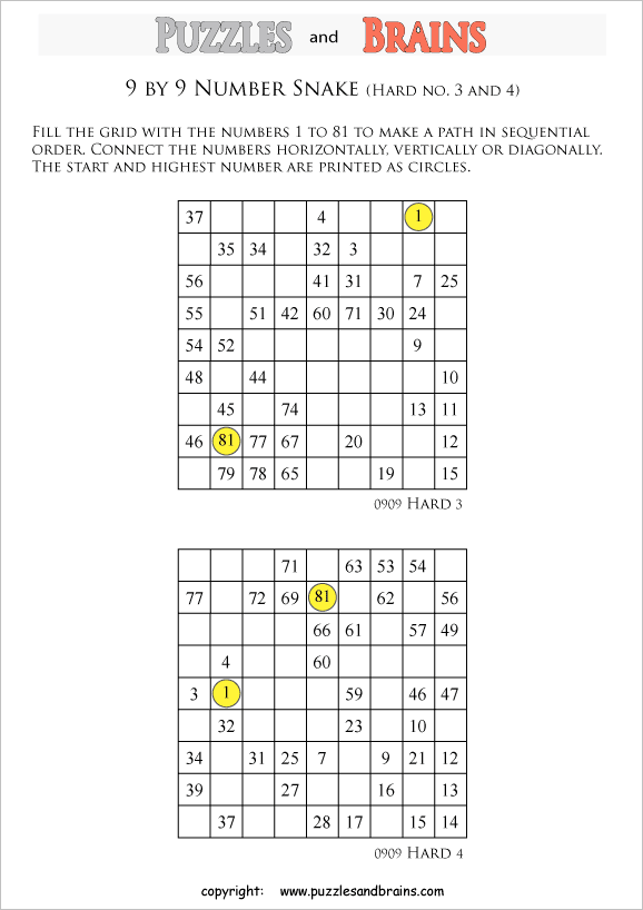 printable difficult 9 by 9 Hidato Number Snake puzzles for young and old