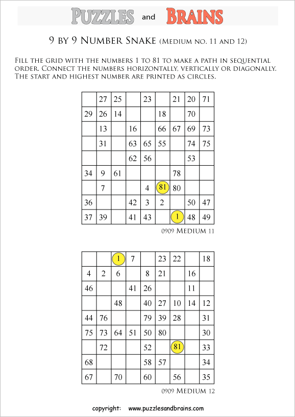 printable medium 9 by 9 hidato number snake puzzles for young and old