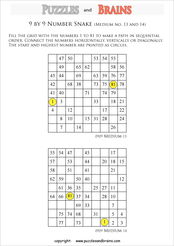 printable medium 9 by 9 Hidato Number Snake puzzles for young and old