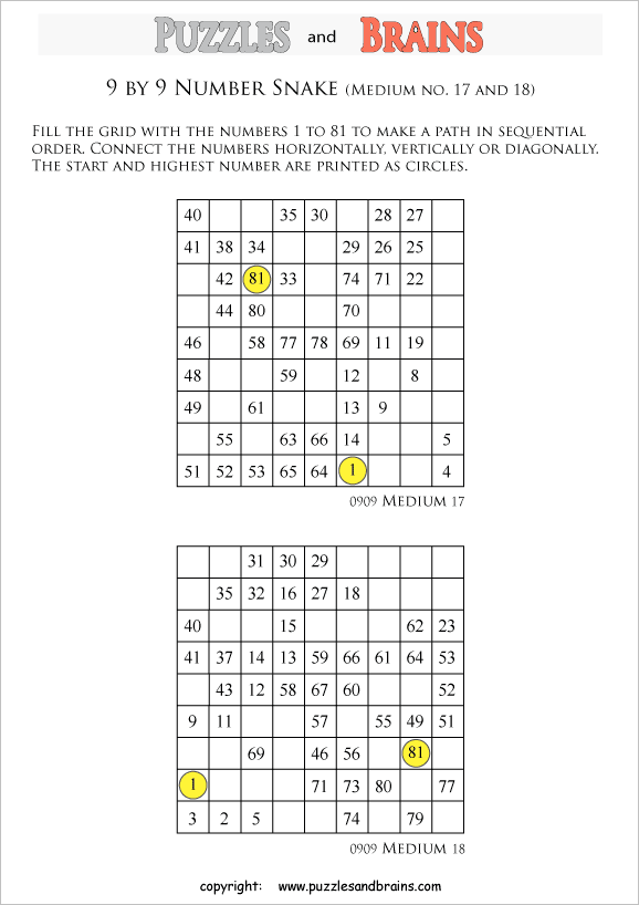 printable medium 9 by 9 Hidato Number Snake puzzles for young and old