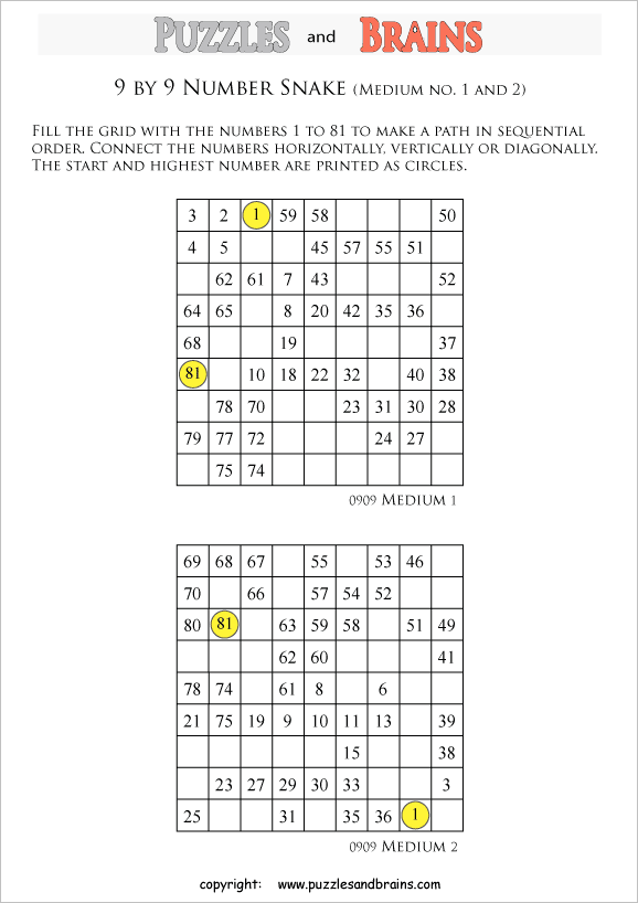 printable medium level 9 by 9 grid hidato number snake