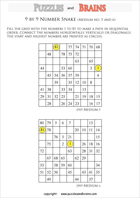 printable medium level 9 by 9 grid hidato number snake