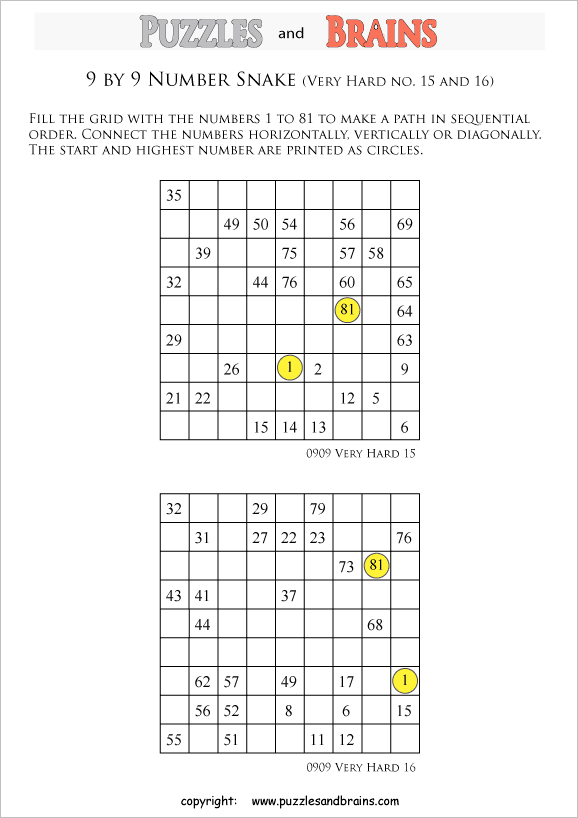 printable very difficult 9 by 9 Hidato Number Snake puzzles for young and old