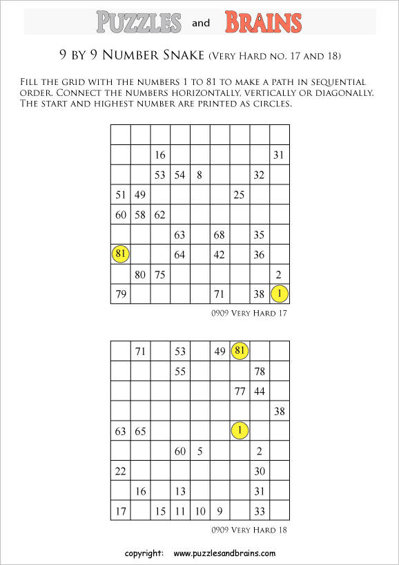 printable very difficult 9 by 9 Hidato Number Snake puzzles for young and old