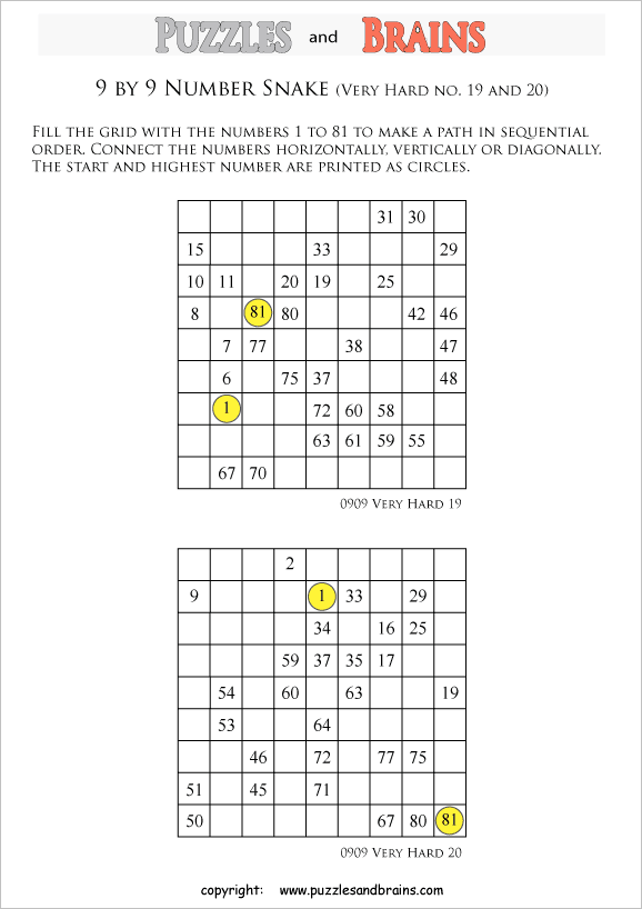 printable very difficult 9 by 9 Hidato Number Snake puzzles for young and old