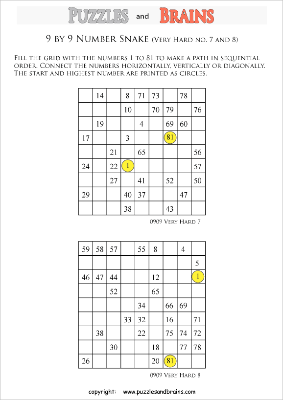 printable very difficult 9 by 9 Hidato Number Snake puzzles for young and old