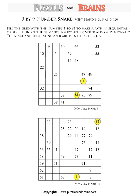 printable very difficult 9 by 9 Hidato Number Snake puzzles for young and old