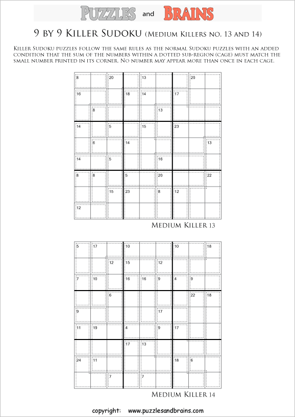 printable 9 by 9 medium level math Sudoku puzzles for kids