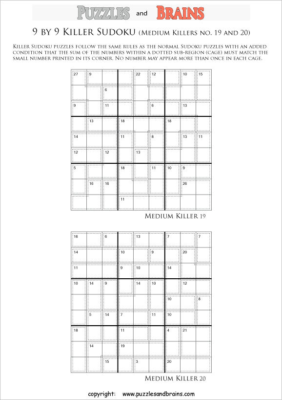 printable 9 by 9 medium level killer sudoku logic and