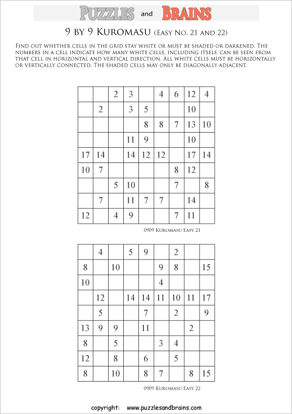 printable easier 9 by 9 Kuromasu logic puzzles for young and old