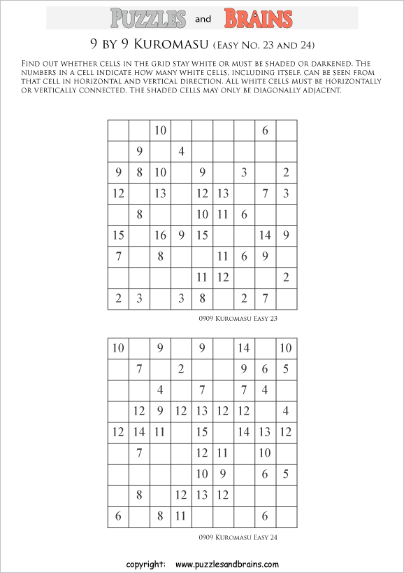 printable easier 9 by 9 Kuromasu logic puzzles for young and old