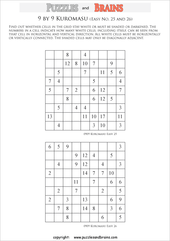 printable easier 9 by 9 Kuromasu logic puzzles for young and old