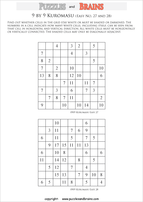 printable easier 9 by 9 Kuromasu logic puzzles for young and old