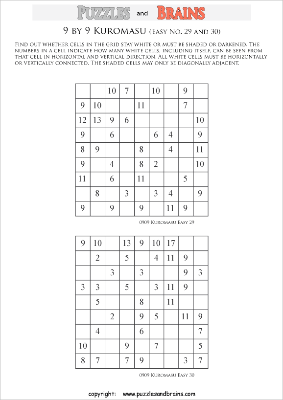 printable easier 9 by 9 Kuromasu logic puzzles for young and old