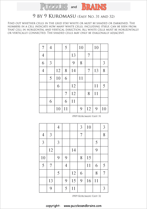 printable easier 9 by 9 Kuromasu logic puzzles for young and old