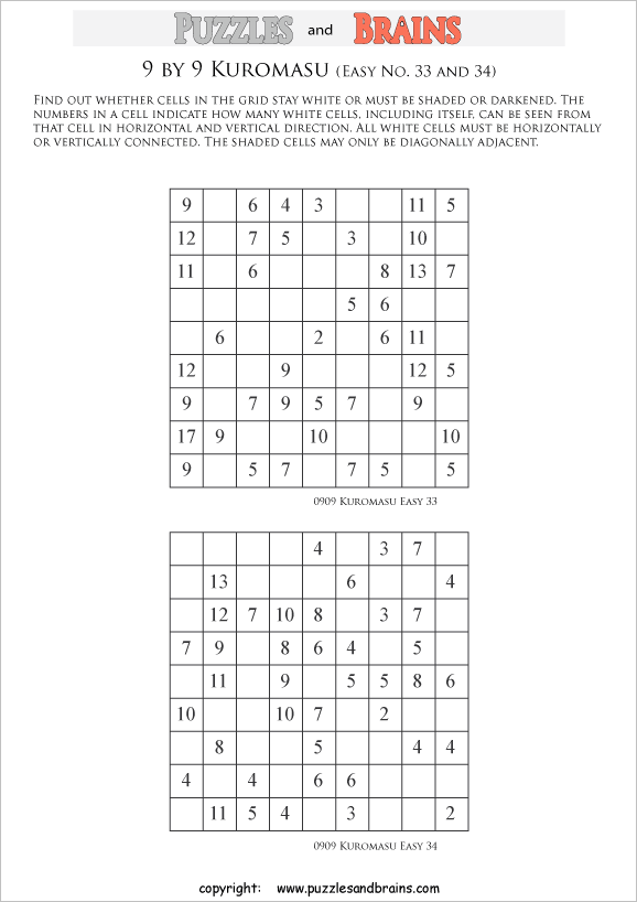 printable easier 9 by 9 kuromasu logic puzzles for young and old