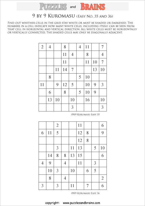 printable easier 9 by 9 Kuromasu logic puzzles for young and old