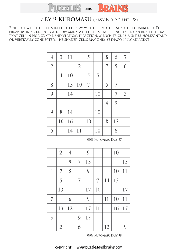 printable easier 9 by 9 Kuromasu logic puzzles for young and old