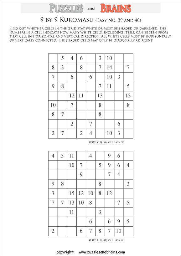 printable easier 9 by 9 kuromasu logic puzzles for young