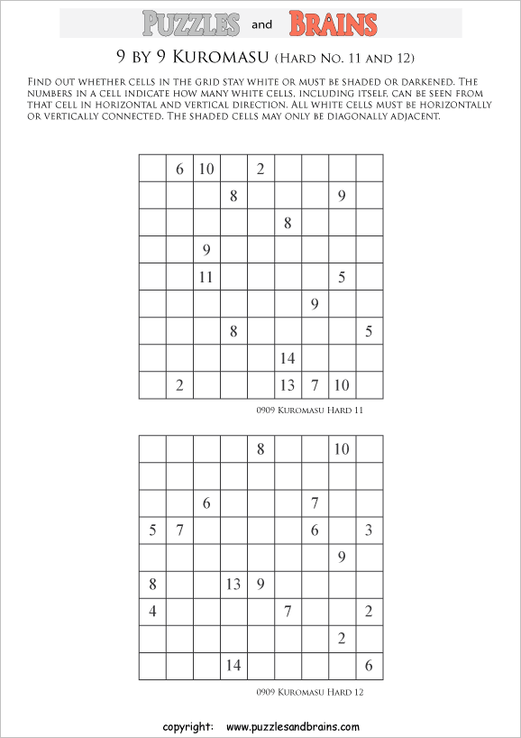 printable difficult level 9 by 9 Kuromasu logic puzzles for young and old