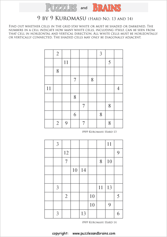 printable difficult level 9 by 9 Kuromasu logic puzzles for young and old