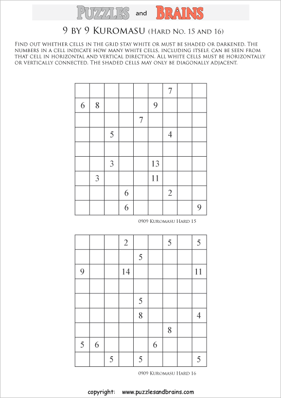 printable difficult level 9 by 9 Kuromasu logic puzzles for young and old