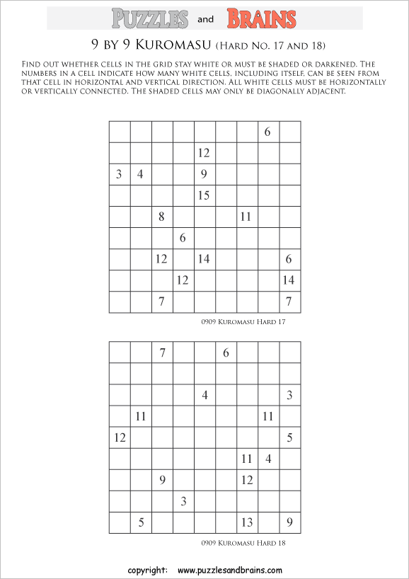 printable difficult level 9 by 9 Kuromasu logic puzzles for young and old