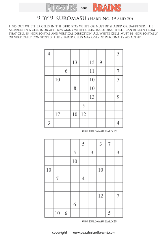 printable difficult level 9 by 9 Kuromasu logic puzzles for young and old