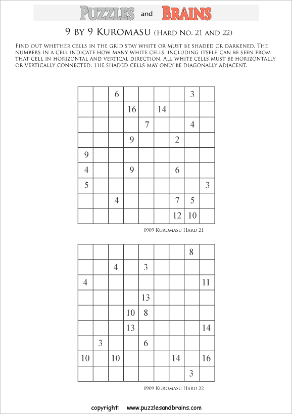 printable difficult level 9 by 9 Kuromasu logic puzzles for young and old