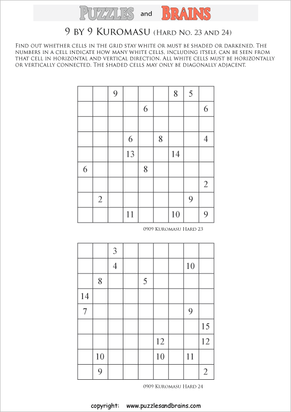 printable difficult level 9 by 9 Kuromasu logic puzzles for young and old