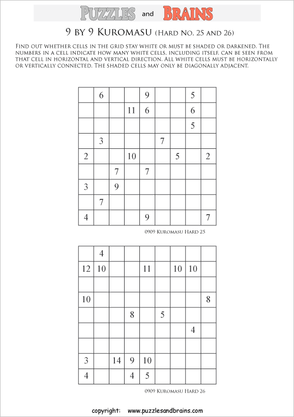 printable difficult level 9 by 9 Kuromasu logic puzzles for young and old