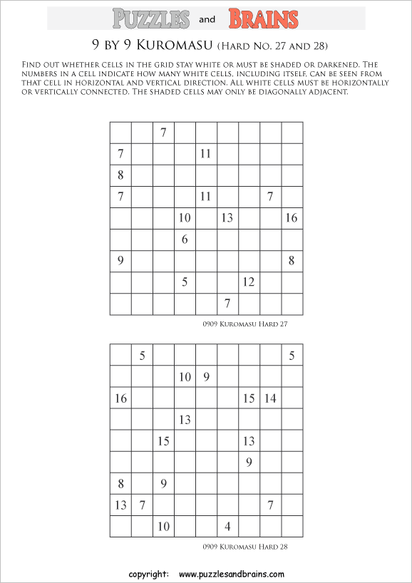 printable difficult level 9 by 9 Kuromasu logic puzzles for young and old