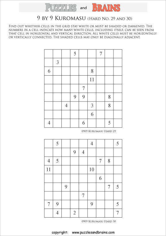 printable difficult level 9 by 9 Kuromasu logic puzzles for young and old