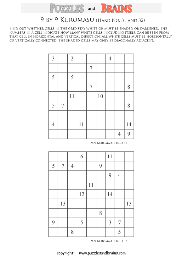 printable difficult level 9 by 9 Kuromasu logic puzzles for young and old