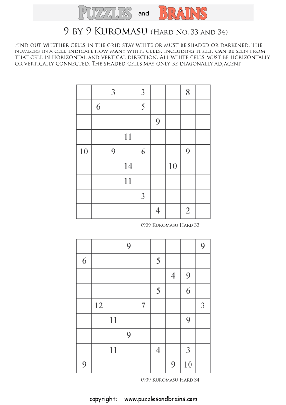 printable difficult level 9 by 9 Kuromasu logic puzzles for young and old