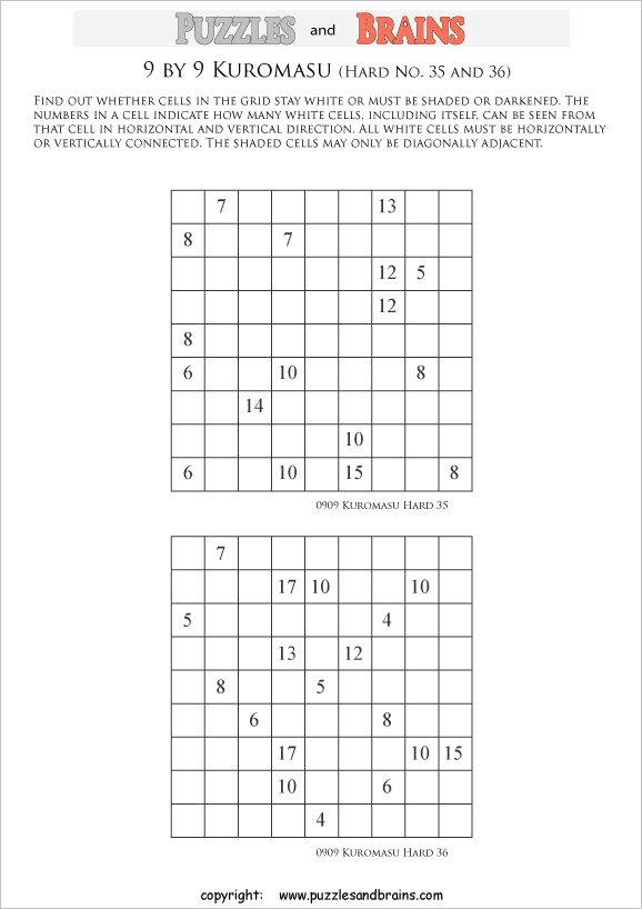 printable difficult level 9 by 9 Kuromasu logic puzzles for young and old