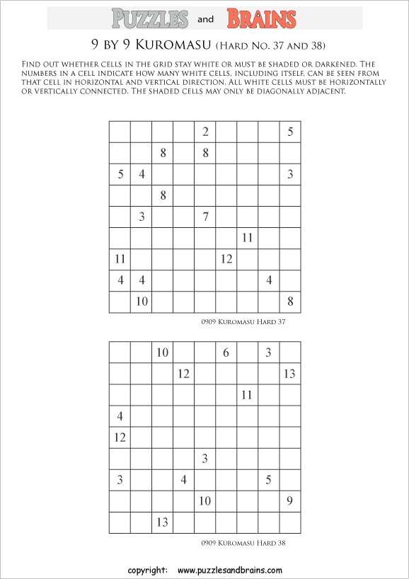 printable difficult level 9 by 9 Kuromasu logic puzzles for young and old