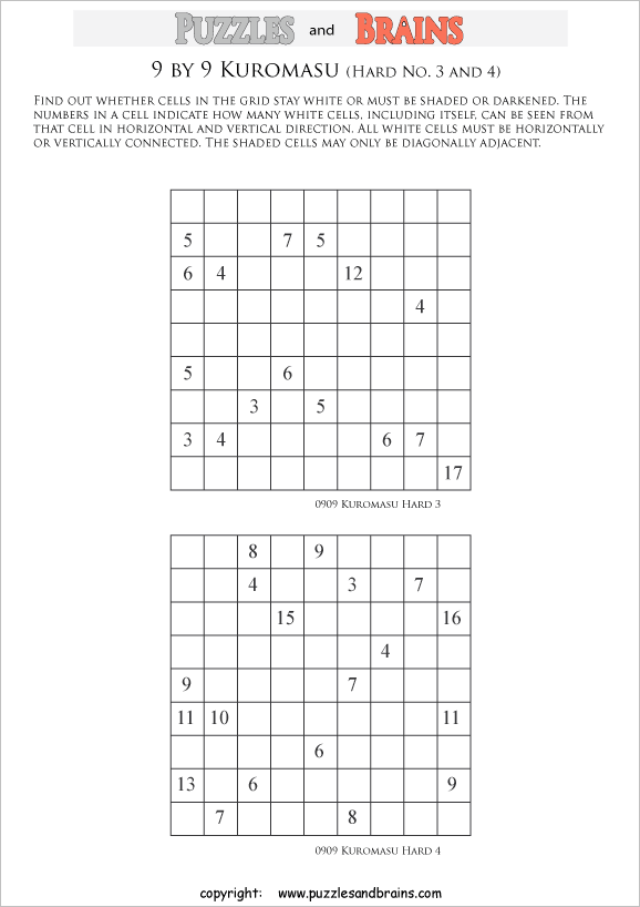 printable difficult level 9 by 9 Kuromasu logic puzzles for young and old