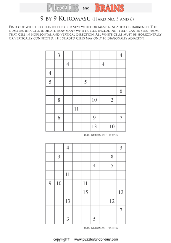 printable difficult level 9 by 9 Kuromasu logic puzzles for young and old