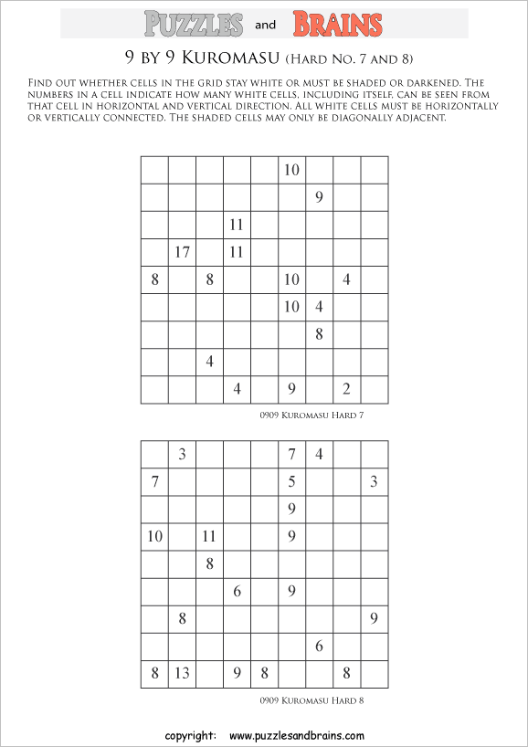 printable difficult level 9 by 9 Kuromasu logic puzzles for young and old