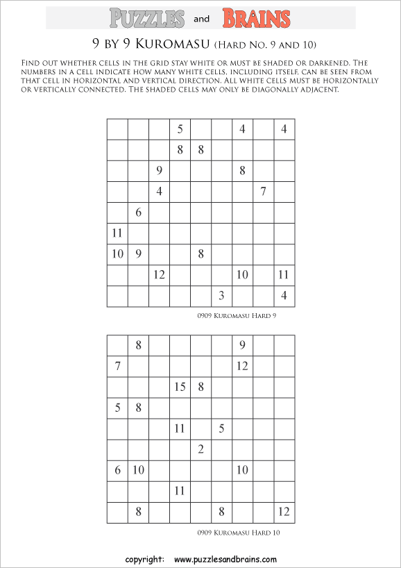 printable difficult level 9 by 9 Kuromasu logic puzzles for young and old