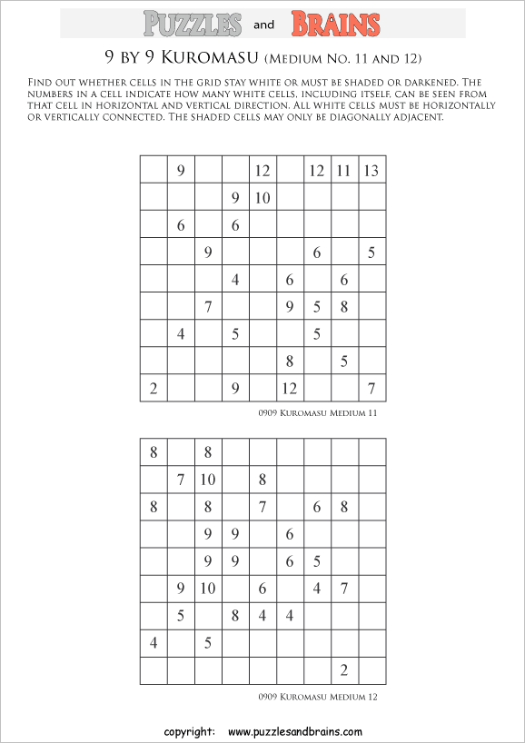 printable medium level 9 by 9 Kuromasu logic puzzles for young and old