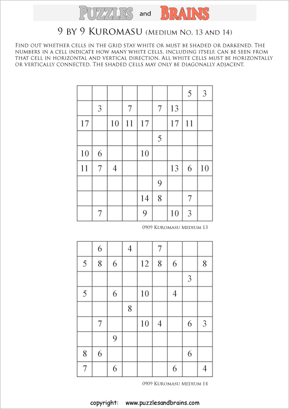 printable medium level 9 by 9 Kuromasu logic puzzles for young and old