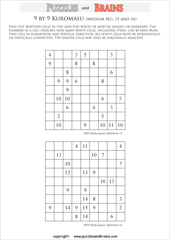 printable medium level 9 by 9 Kuromasu logic puzzles for young and old